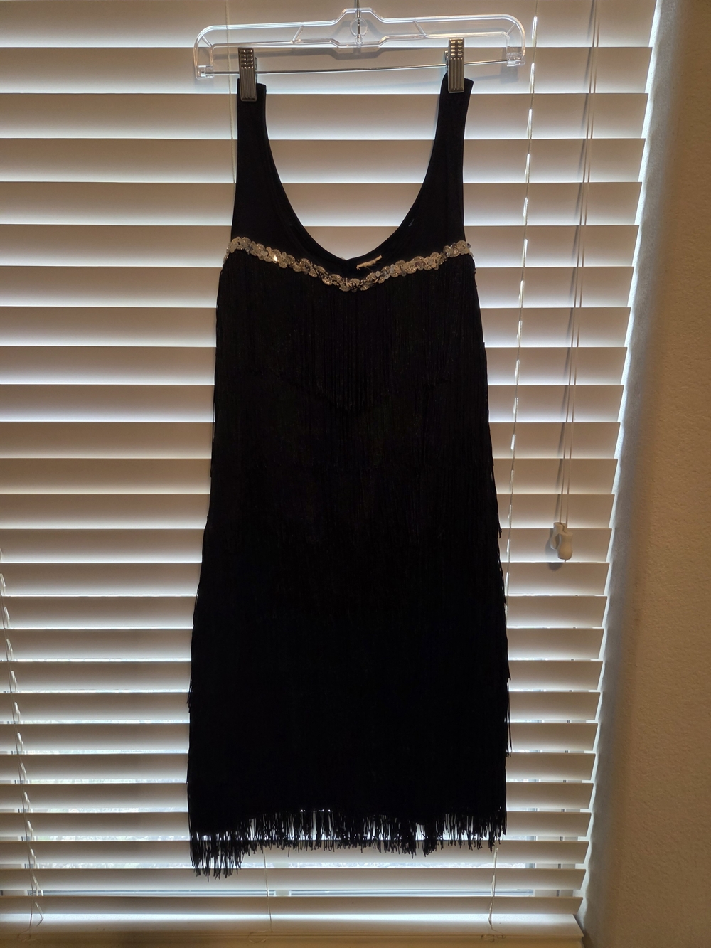 Halloween Flapper Black Fringe Tank Dress with Sequin Trim